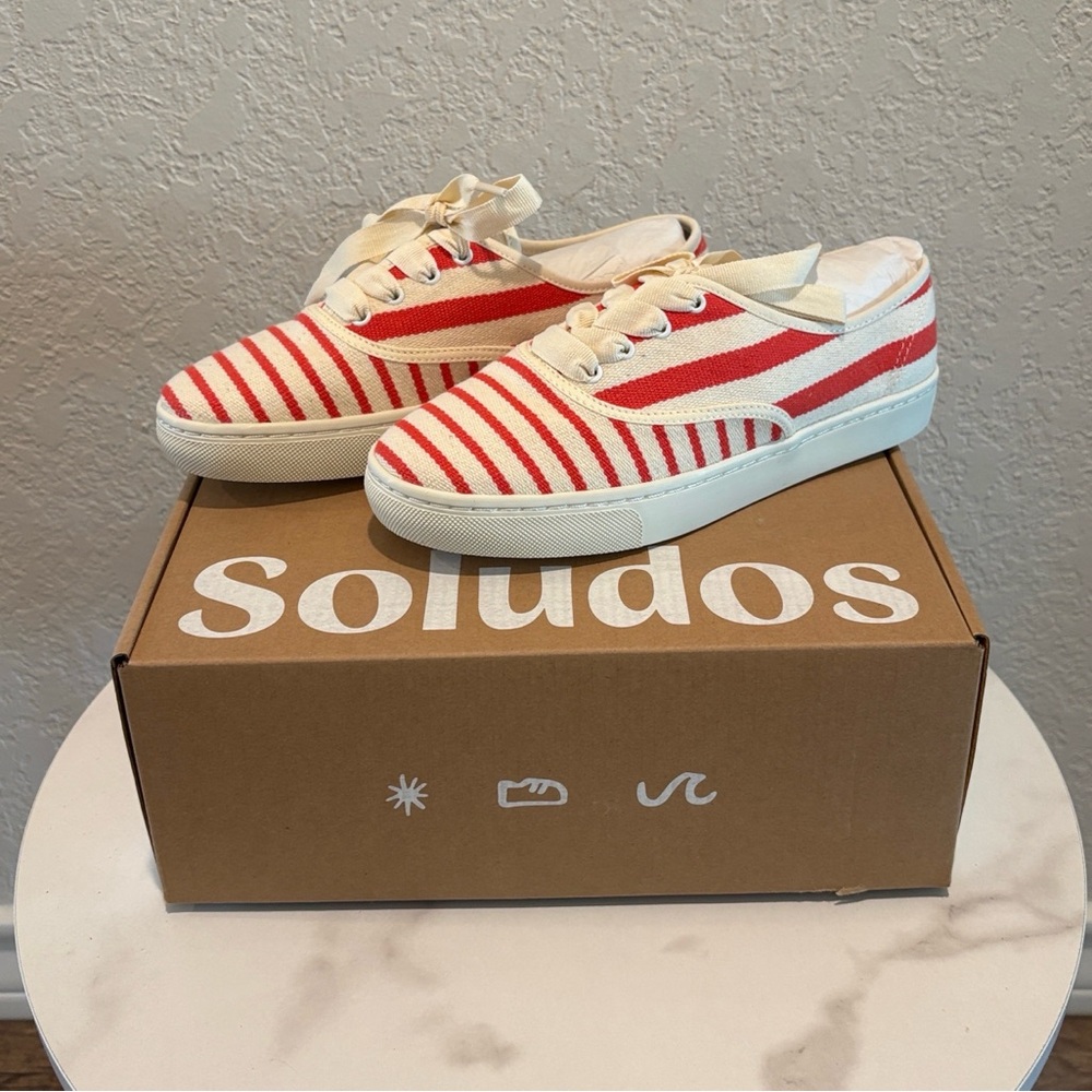 Soludos Marin Stripe Women's Poppy Red Lace Up Canvas Sneakers Shoes NWT